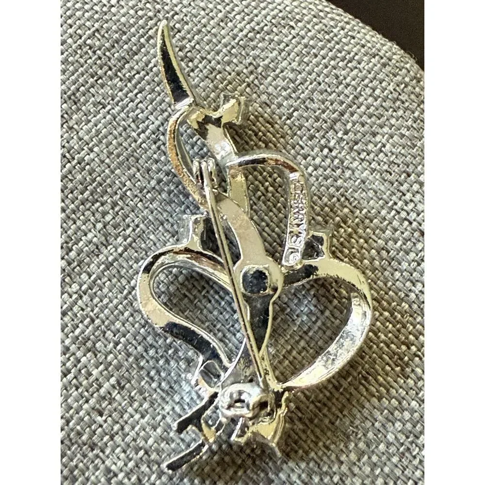 Vintage Signed Gerrys Leaf Brooch Pin Silver Tone White Rhinestone Ribbon